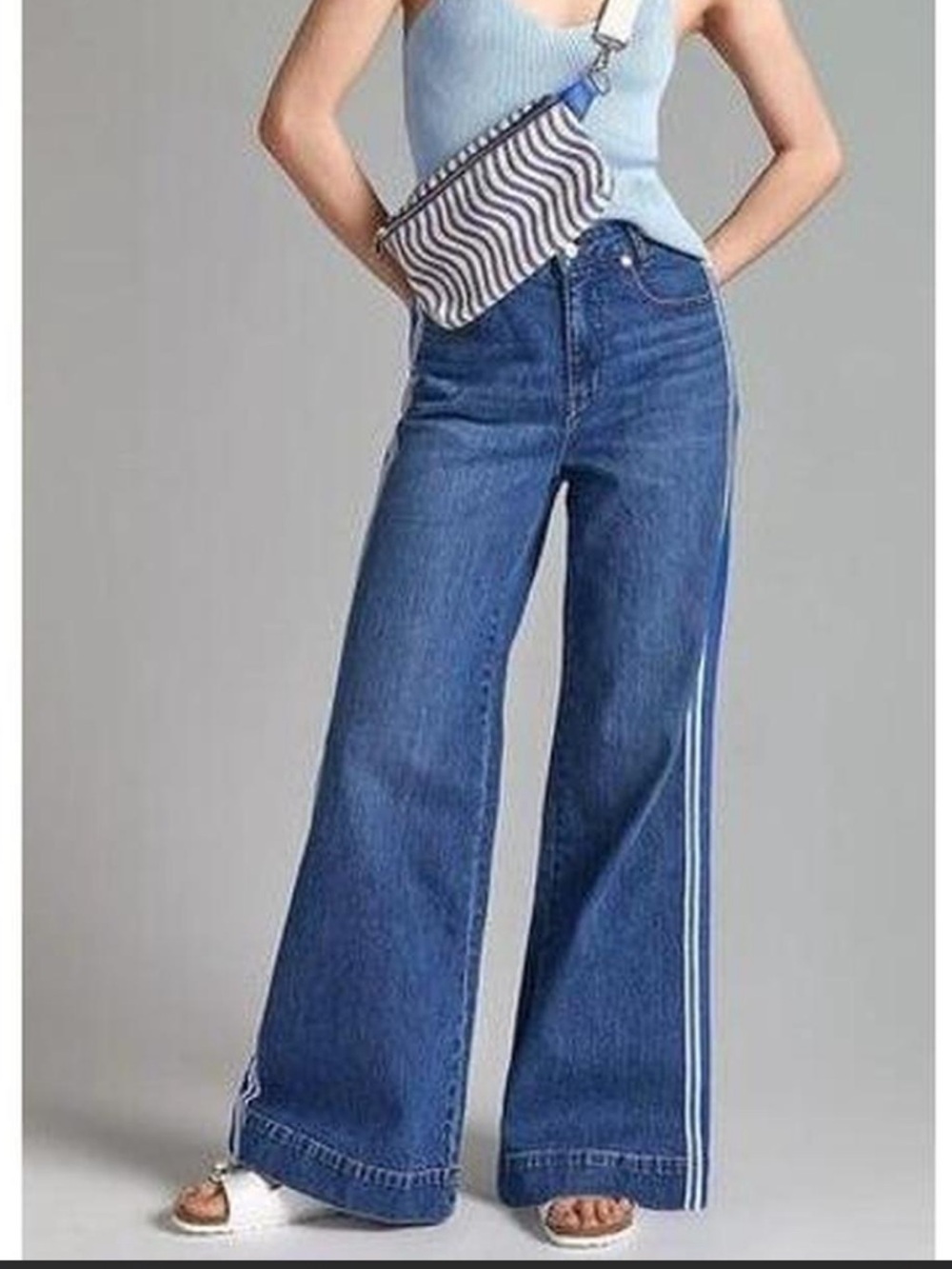 Anthropologie’s Maeve Blue Wide-Leg Jeans with Contrast Side Stripe